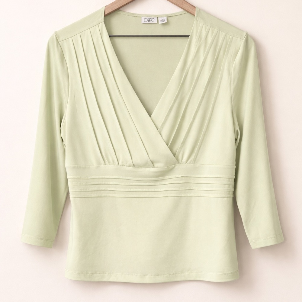 Cato Light Green V-Neck Pleated Wrap Blouse